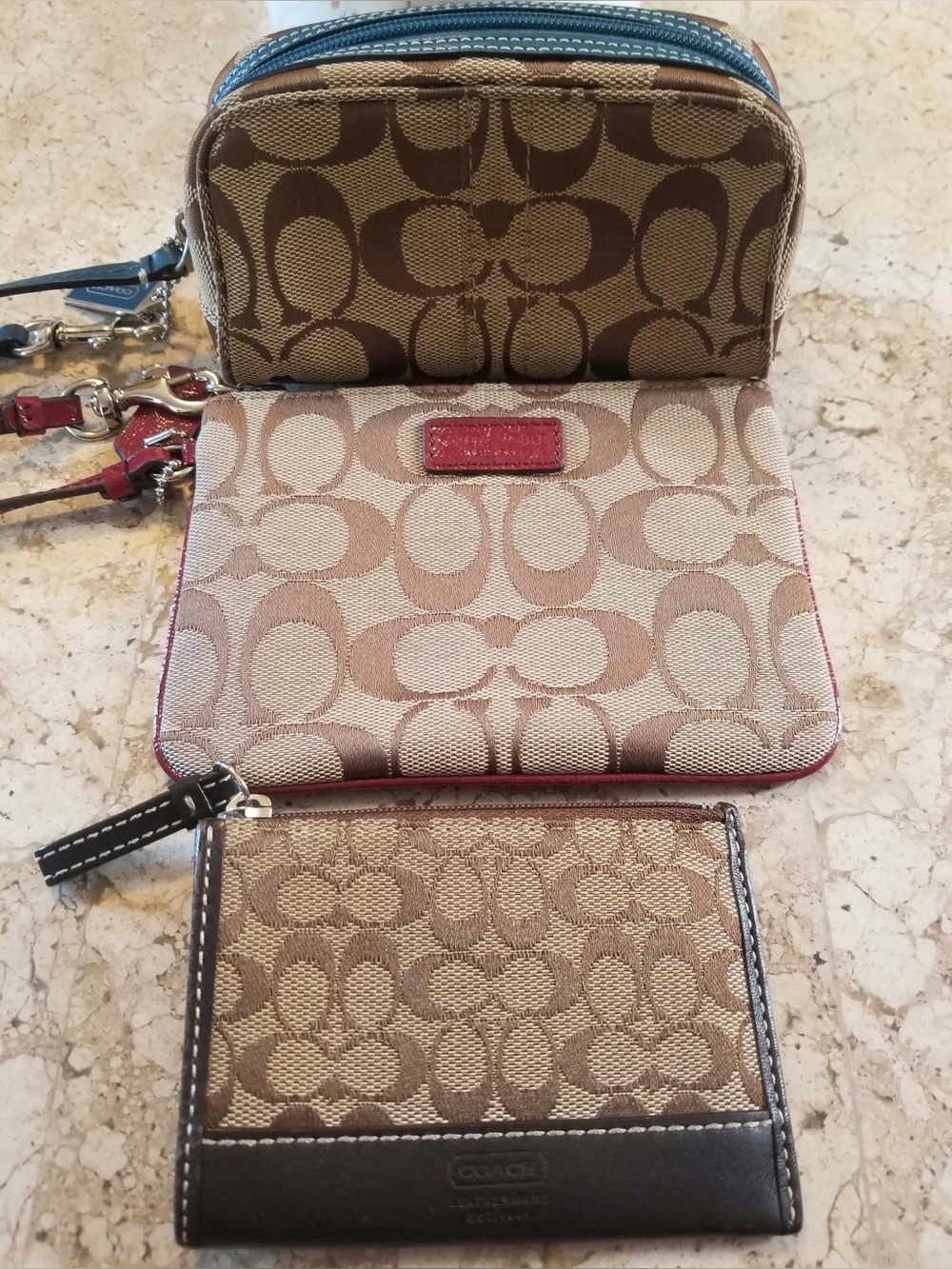 Coach Three-Piece Signature Jacquard Wallet Set in Tan, Brown and Red